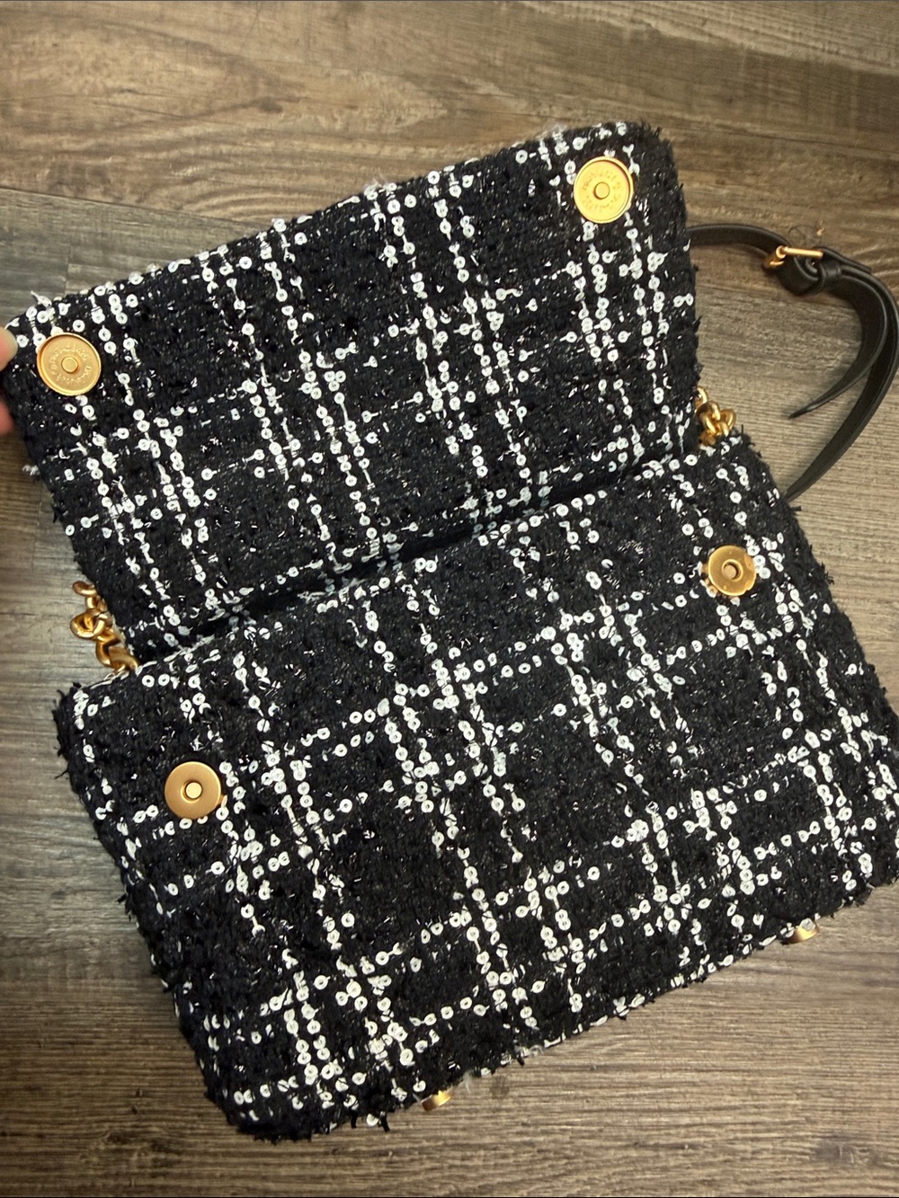 Kurt Geiger Tweed Black White Kensington Sequin Pearl Trim Handbag Purse - Picture 9 of 11